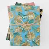 Goud/Groen Tropisch blad, aangepaste naam, 3 kleur Inpakpapier Vel (In situ)