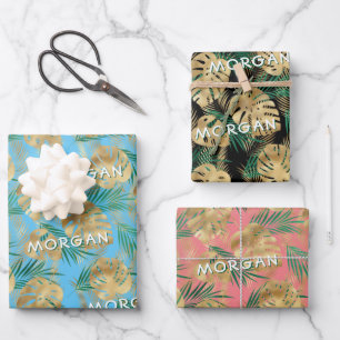 Goud/Groen Tropisch blad, aangepaste naam, 3 kleur Inpakpapier Vel