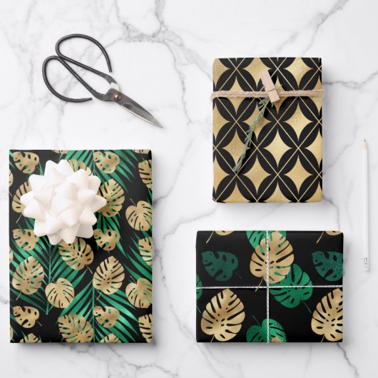Goud & Groen Tropisch blad Inpakpapier Vel (Voorkant)