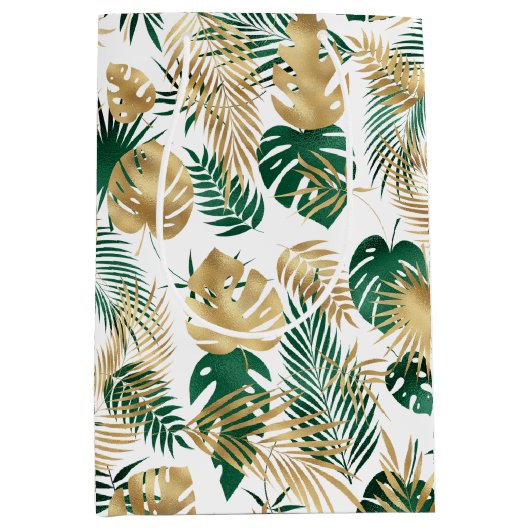 Goud & Groen Tropisch blad Medium Cadeauzakje (Voorkant)
