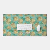 Goud & Groen Tropisch blad Personaliseer Naam Blau Bureaumat (Keyboard & Muis)