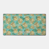 Goud & Groen Tropisch blad Personaliseer Naam Blau Bureaumat (Voorkant)