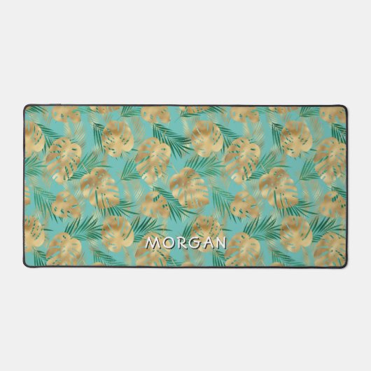 Goud & Groen Tropisch blad Personaliseer Naam Blau Bureaumat (Voorkant)