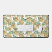 Goud/Groen Tropisch blad Personaliseer Naam Wit Bureaumat (Keyboard & Muis)