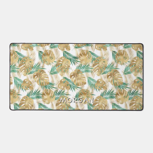 Goud/Groen Tropisch blad Personaliseer Naam Wit Bureaumat (Voorkant)
