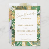 Goud Groen Tropisch Bladeren Save the Date Kaart (Voorkant / Achterkant)