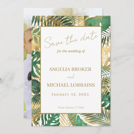 Goud Groen Tropisch Bladeren Save the Date Kaart (Voorkant / Achterkant)