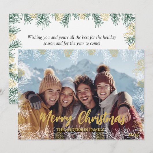 Goud Groen Wit Moderne Botanische Foto Kerstmis Feestdagenkaart (Voorkant / Achterkant)