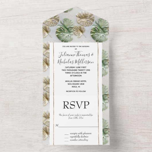 Goud Groen Wit Tropisch Bladeren All In One Uitnodiging (Binnen)