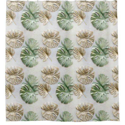 Goud Groen Wit Tropisch Bladeren Douchegordijn (Voorkant)