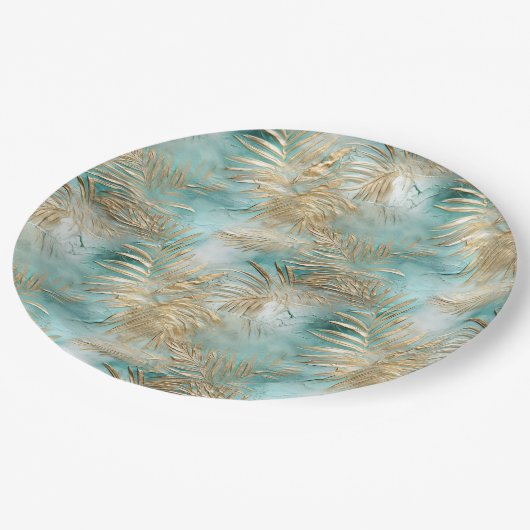Goud Groen Wit Tropisch Bladeren Papieren Bordje (Gekanteld)
