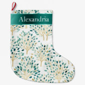 Goud Groen Wit Whimsical Trees Kerstnaam Grote Kerstsok (Voorkant)