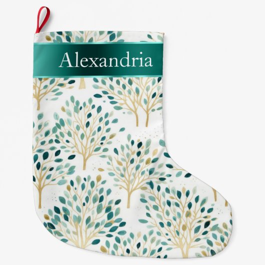 Goud Groen Wit Whimsical Trees Kerstnaam Grote Kerstsok (Voorkant)