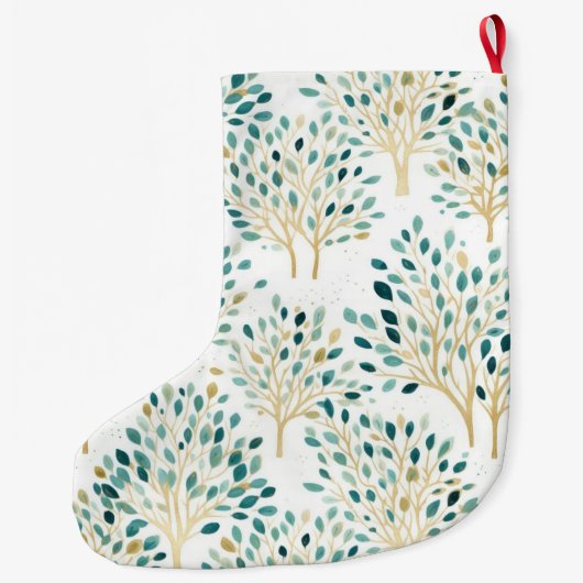 Goud Groen Wit Whimsical Trees Kerstnaam Grote Kerstsok (Achterkant)