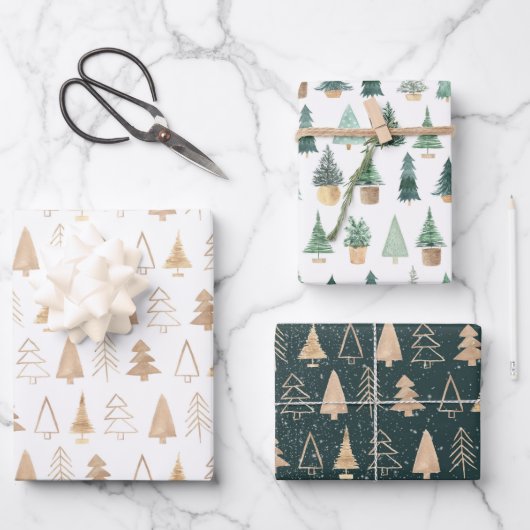 Goud Groene Boho Kerstbomen Trendy Inpakpapier Vel (Voorkant)