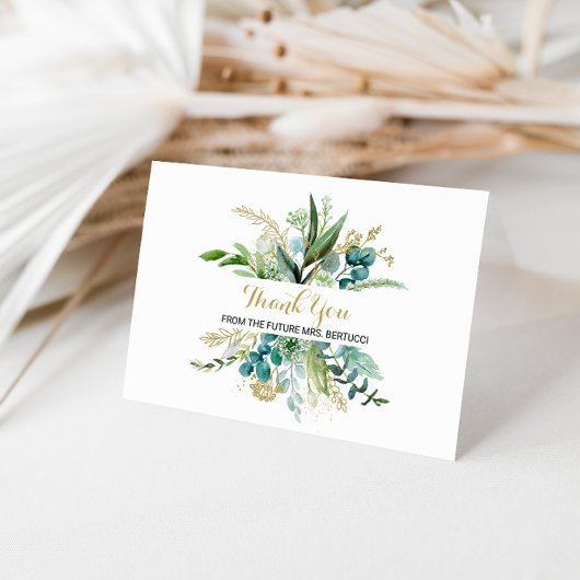 Goud & groene eucalyptus bruidsdankjeshouder bedankkaart