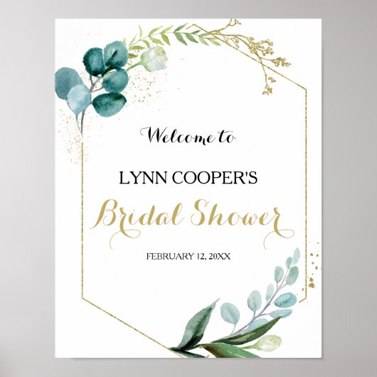 Goud & groene eucalyptus bruidsdouche welkom poster (Voorkant)