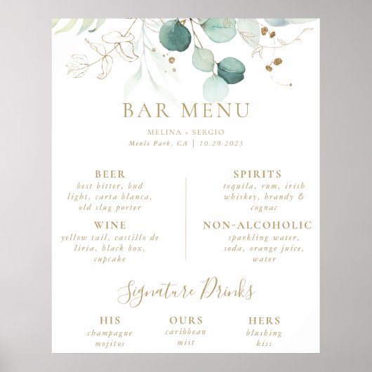 Goud groene eucalyptus bruiloft bar menu poster (Voorkant)