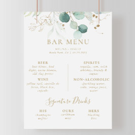 Goud groene eucalyptus bruiloftsbar menu poster