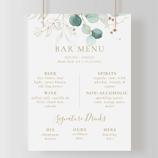 Goud groene eucalyptus bruiloftsbar menu poster