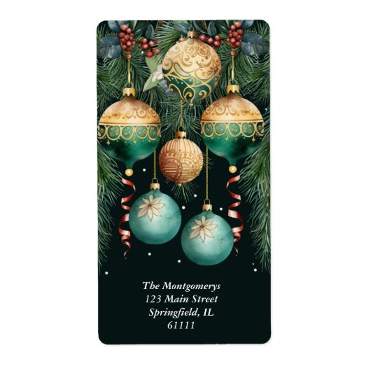 Goud Groene Kerst Ornamente Adres Etiket (Voorkant)