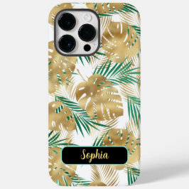 Goud & Groene Tropische Bladeren, Gouden Naam, Wit Case-Mate iPhone 14 Pro Max Hoesje