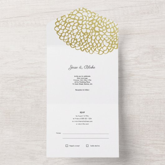 Goud Hand-getrokken Petal Patroon Wedding All In One Uitnodiging (Binnen)
