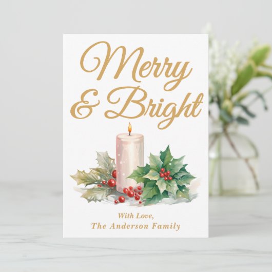 Goud Handgeschreven Script Merry & Bright Feestdagenkaart (Staand voorkant)
