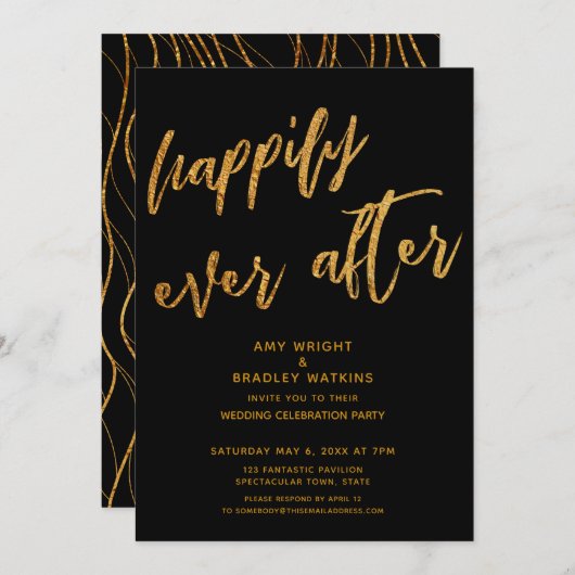 Goud Happily Ever After Zwarte Bruiloftsreceptie Kaart (Voorkant / Achterkant)