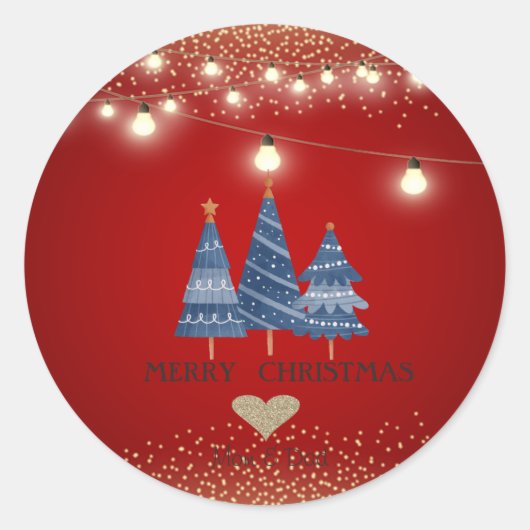 Goud hart, blauwe kerstbomen, tekenlampjes ronde sticker (Voorkant)