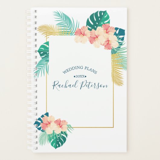 Goud Hawaïaanse Hibiscus Bruiloft Monogram Planner (Voorkant)