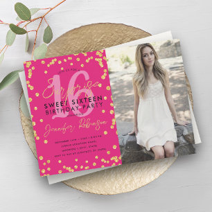 Goud Heet Roze Confetti Foto Surprise Sweet 16 Kaart
