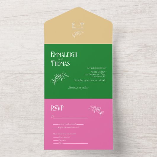 Goud Heet Roze en Groen Eenvoudig Modern Huwelijk All In One Uitnodiging (Binnen)
