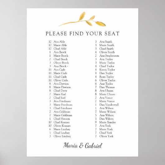 Goud herfst blad. Elegant Wedding Seating Chart Poster (Voorkant)