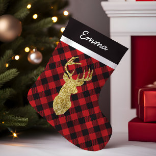 Goud hertenmonogram op Buffalo geruite kerststok Kleine Kerstsok