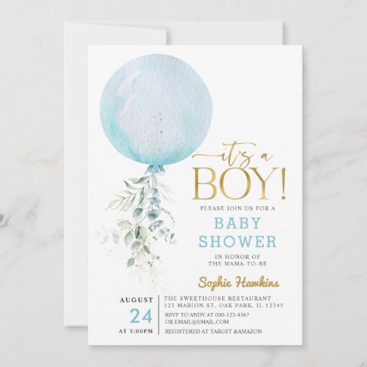 Goud Het is een Baby shower van een padblauw ballo Kaart (Voorkant)