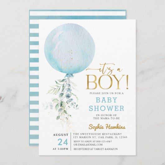Goud Het is een Baby shower van een padblauw ballo Kaart (Voorkant / Achterkant)