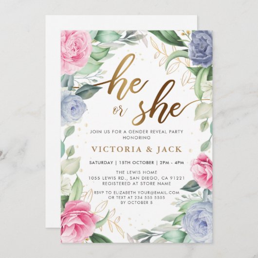 Goud Hij of zij Bloemen Groen Geslacht Onthulling Kaart (Voorkant / Achterkant)