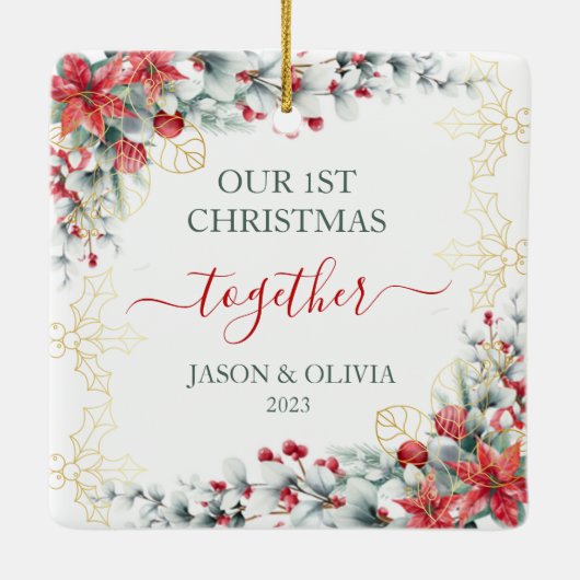 Goud Holly groen Bloemen 1e Kerstmis samen Keramisch Ornament (Achterkant)