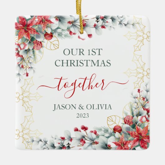 Goud Holly groen Bloemen 1e Kerstmis samen Keramisch Ornament (Voorkant)