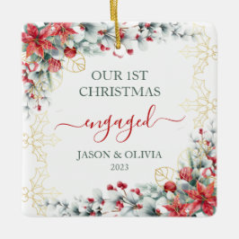 Goud Holly groen Bloemen 1e Kerstmis Verloofd Keramisch Ornament
