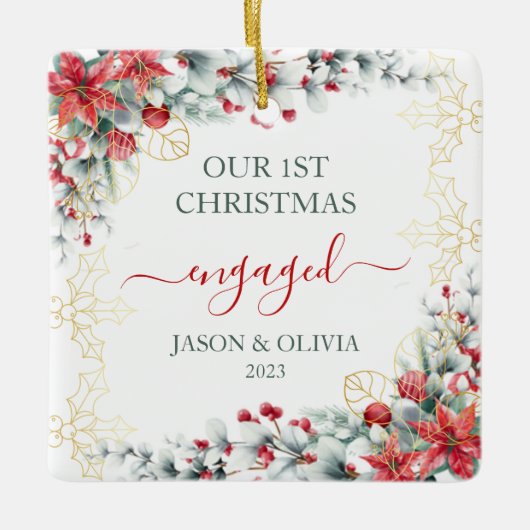 Goud Holly groen Bloemen 1e Kerstmis Verloofd Keramisch Ornament (Voorkant)
