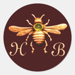 GOUD HONEY BEE / BEEKEEPER BEEKEEPENDE MONOGRAM RONDE STICKER