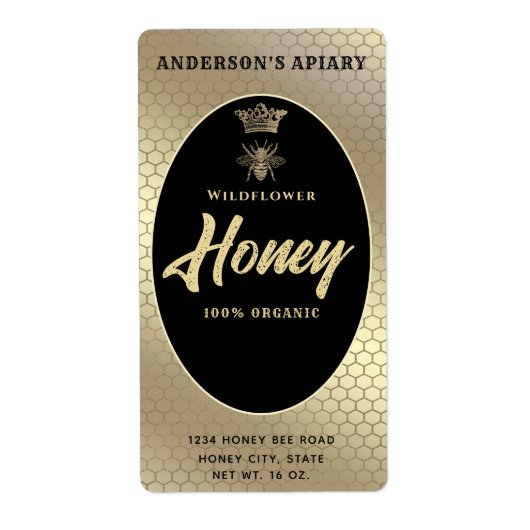 Goud Honey jar moderne scriptkoningin bijen Etiket (Voorkant)