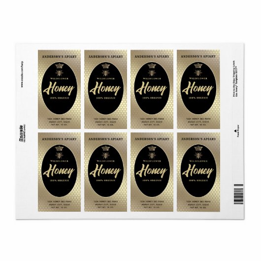 Goud Honey jar moderne scriptkoningin bijen Etiket (Full Sheet)