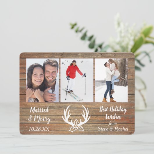 Goud hout gewei getrouwd met drie foto sjabloon (Staand voorkant)