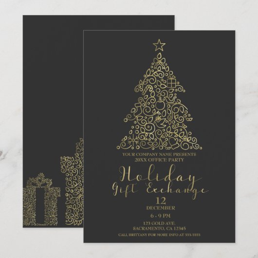 Goud & Houtskool Kerstboom Cadeau Uitwisseling Fee Kaart (Voorkant / Achterkant)