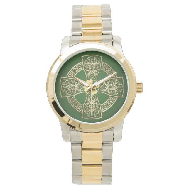 Goud Iers Keltisch Kruis & Shamrock Horloge (Voorkant)