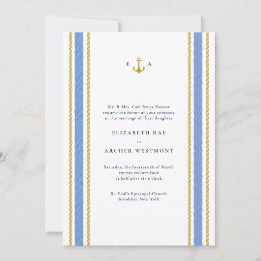 Goud in marinesblauw Nautical Stripes Coastal Wedd Kaart (Voorkant)