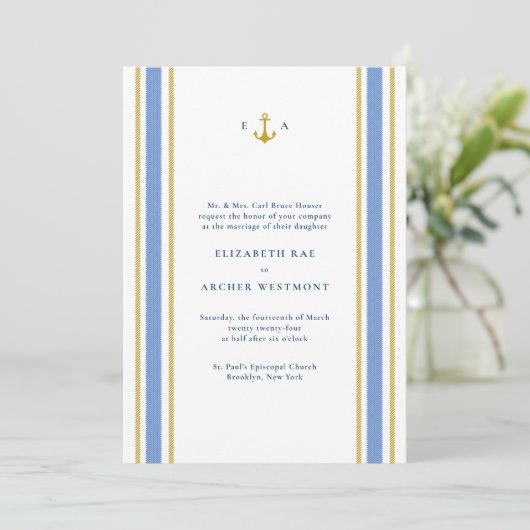 Goud in marinesblauw Nautical Stripes Coastal Wedd Kaart (Staand voorkant)
